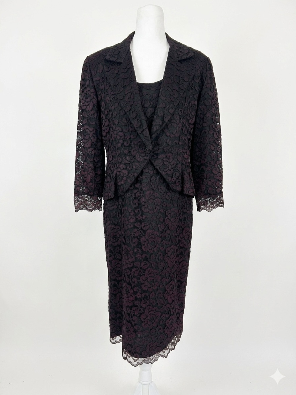 Vtg Le Crillon Black Red Lace 2 Piece Dress Blazer Suit Set Size 10 Wedding